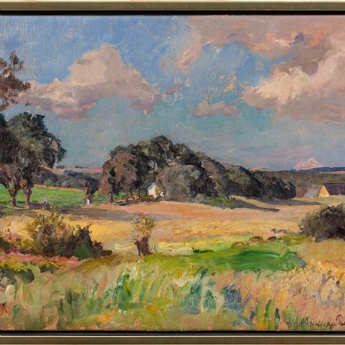 fig 2. Viggo Pedersen, Zealand Landscape With Cottages - Antique Oil Painting