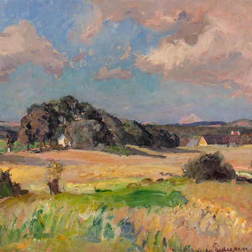 fig 3. Viggo Pedersen, Zealand Landscape With Cottages - Antique Oil Painting