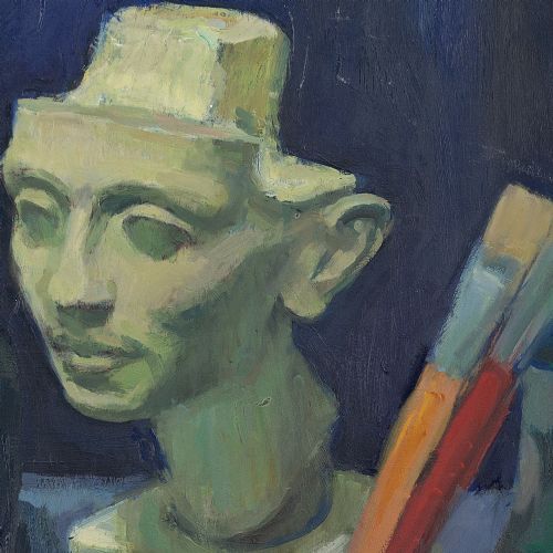 fig 1. Tage Hansson, Still Life With Paint Brushes, Sculpture & Bottles - Vintage Oil Painting
