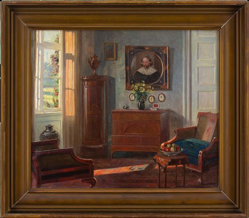 Robert Panitzsch, Interior with Old Master Portrait - Vintage Oil Painting