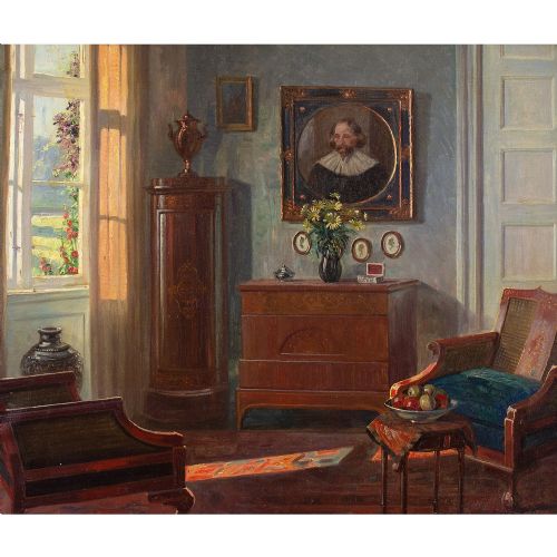fig 1. Robert Panitzsch, Interior With Old Master Portrait - Vintage Oil Painting 