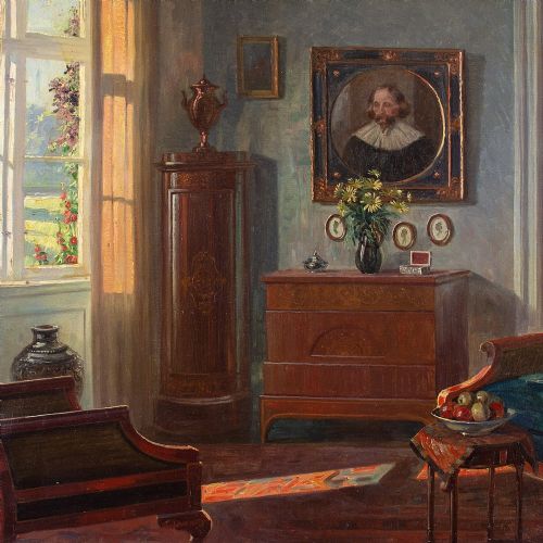 fig 2. Robert Panitzsch, Interior With Old Master Portrait - Vintage Oil Painting 