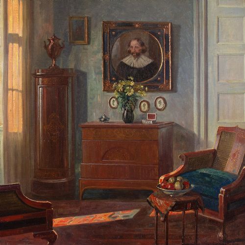 fig 3. Robert Panitzsch, Interior With Old Master Portrait - Vintage Oil Painting 