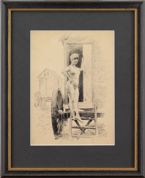 Richard Wintzer, a Young Woman & Bathing Machine - Pen and Ink Drawing