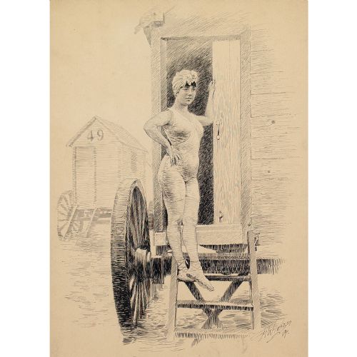 fig 1. Richard Wintzer, A Young Woman & Bathing Machine - Pen and Ink Drawing
