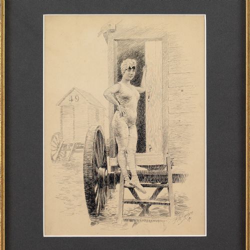 fig 2. Richard Wintzer, A Young Woman & Bathing Machine - Pen and Ink Drawing