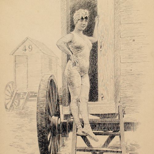 fig 3. Richard Wintzer, A Young Woman & Bathing Machine - Pen and Ink Drawing