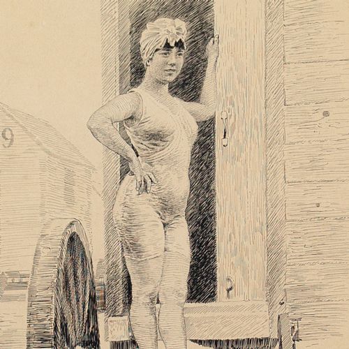 fig 4. Richard Wintzer, A Young Woman & Bathing Machine - Pen and Ink Drawing