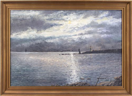 Johan Johansson, Nocturne with Distant Lighthouse - Vintage Oil Painting