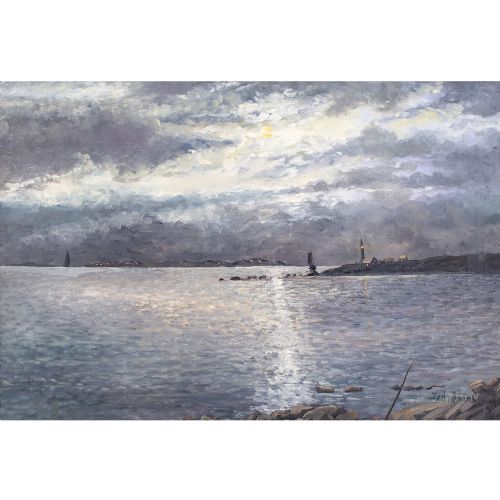 fig 1. Johan Johansson, Nocturne With Distant Lighthouse - Vintage Oil Painting