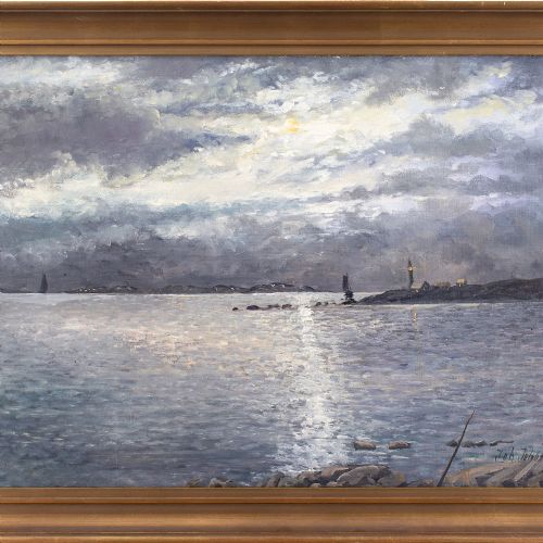fig 2. Johan Johansson, Nocturne With Distant Lighthouse - Vintage Oil Painting