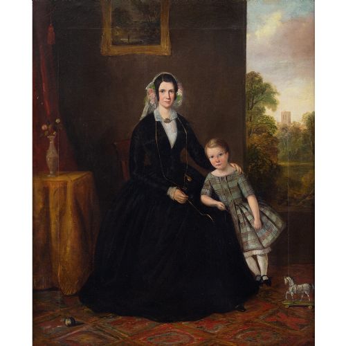 fig 1. 19th-Century Provincial British School Portrait Of A Mother & Child - Antique Oil Painting