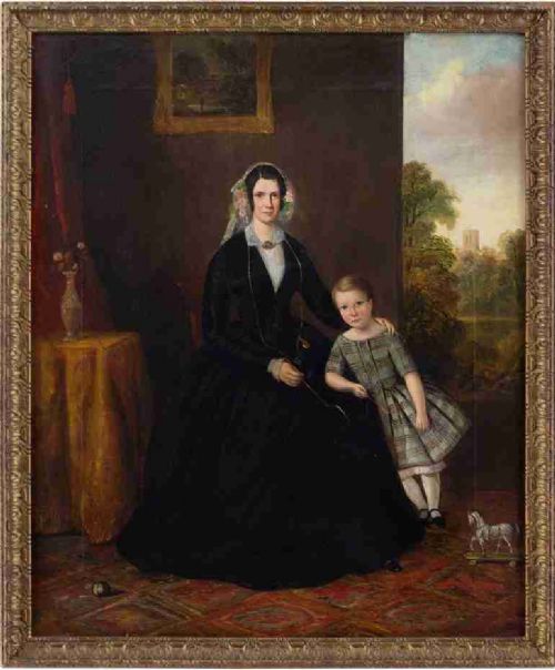 19th-century Provincial British School Portrait of a Mother & Child - Antique Oil Painting