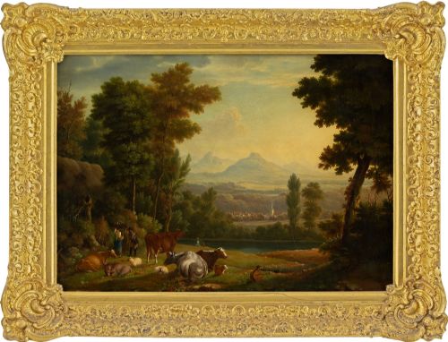 Jan Van De Bent (Follower), Pastoral Scene with Distant Town & Mountains - Antique Oil Painting