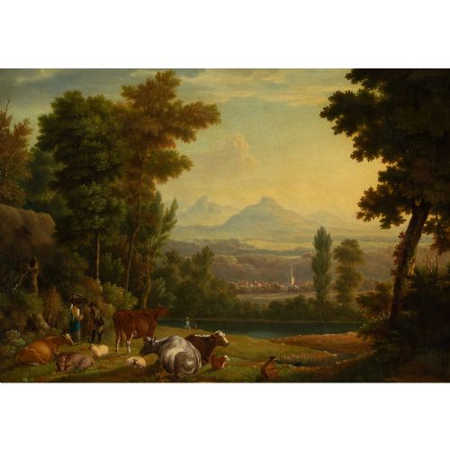 fig 1. Jan Van De Bent (Follower), Pastoral Scene With Distant Town & Mountains - Antique Oil Painting