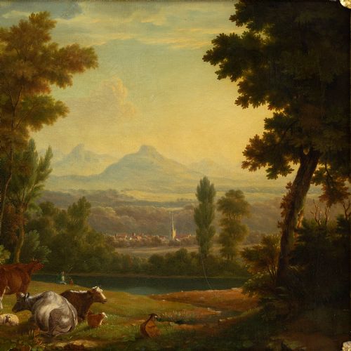 fig 2. Jan Van De Bent (Follower), Pastoral Scene With Distant Town & Mountains - Antique Oil Painting