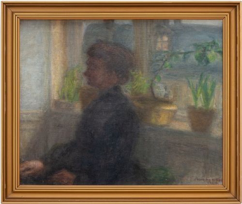 Florence Abrahamson, Interior Scene with Seated Woman - Antique Oil Painting