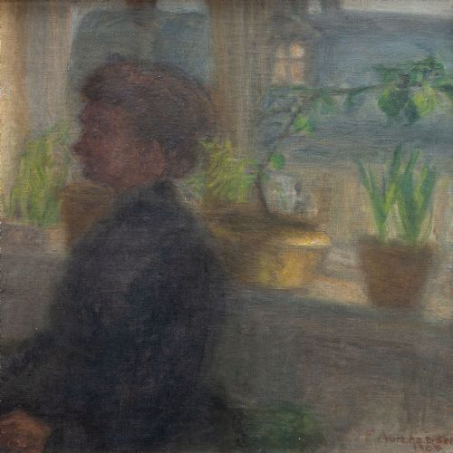 fig 1. Florence Abrahamson, Interior Scene With Seated Woman - Antique Oil Painting