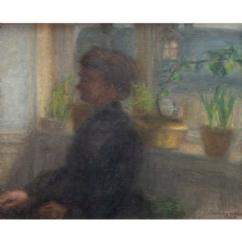 fig 2. Florence Abrahamson, Interior Scene With Seated Woman - Antique Oil Painting