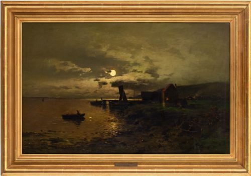 Axel Nordgren, Coastal Nocturne with Rowing Boats - Antique Oil Painting