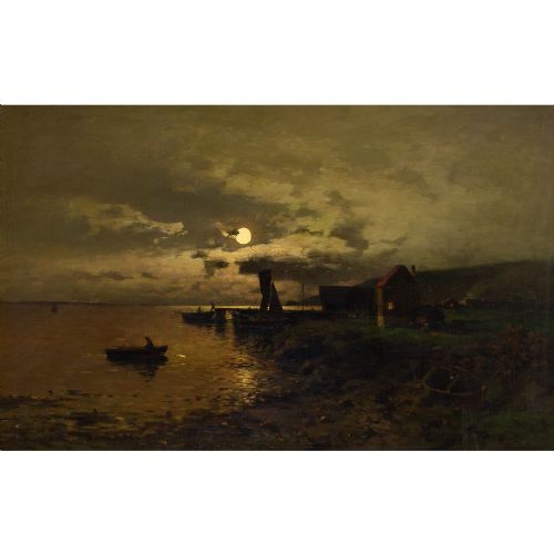fig 1. Axel Nordgren, Coastal Nocturne With Rowing Boats - Antique Oil Painting