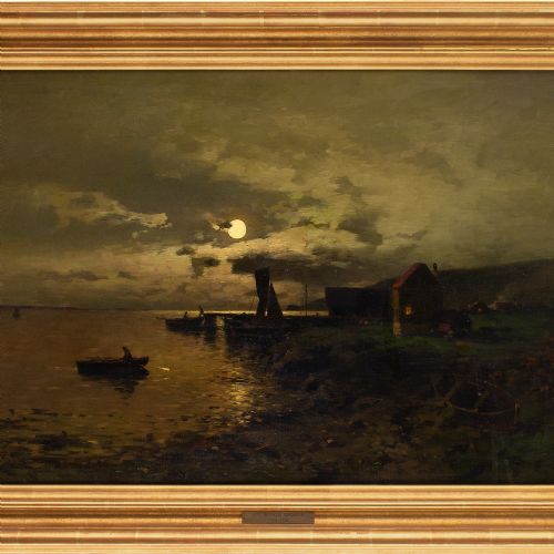 fig 2. Axel Nordgren, Coastal Nocturne With Rowing Boats - Antique Oil Painting