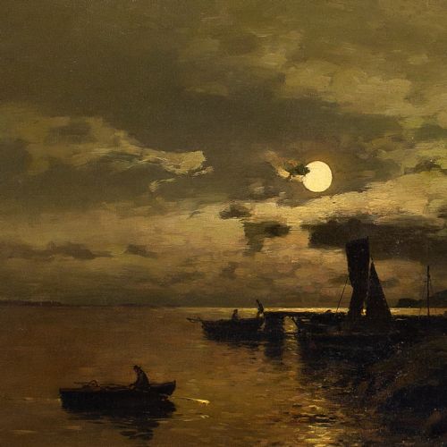 fig 3. Axel Nordgren, Coastal Nocturne With Rowing Boats - Antique Oil Painting