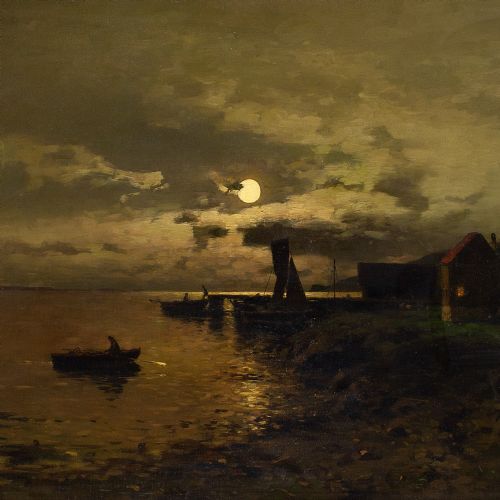 fig 4. Axel Nordgren, Coastal Nocturne With Rowing Boats - Antique Oil Painting
