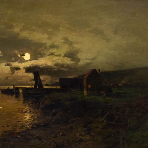 fig 5. Axel Nordgren, Coastal Nocturne With Rowing Boats - Antique Oil Painting