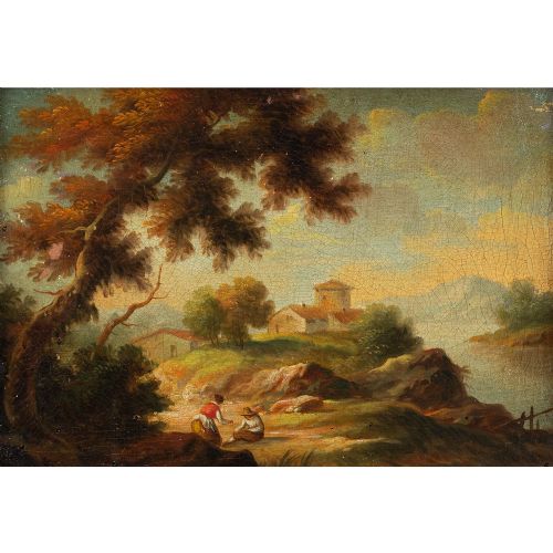 fig 2. 18th-Century Italian School Landscape With Figures - Antique Oil Painting