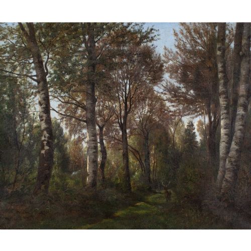 fig 1. Eugène Devé, Forest View With Deer - Antique Oil Painting