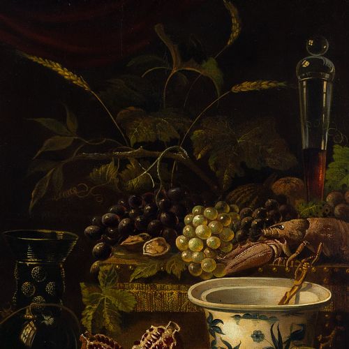 fig 1. 19th-Century Dutch School, Still Life With Fruit, Oysters & Lobster - Antique Oil Painting