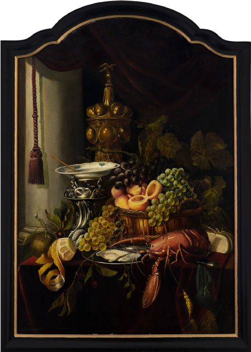 19th-century Dutch School, Still Life with Fruit, Oysters & Lobster - Antique Oil Painting