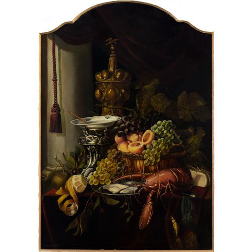 fig 1. 19th-Century Dutch School, Still Life With Fruit, Oysters & Lobster - Antique Oil Painting
