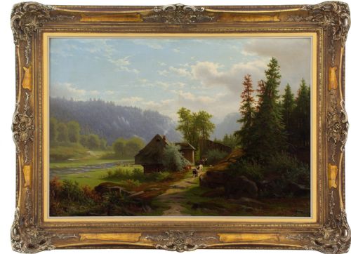 Eliza Agnetus Emilius Nijhoff, Extensive Black Forest Landscape with Farm - Antique Oil Painting