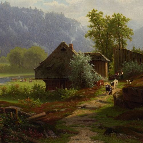 fig 1. Eliza Agnetus Emilius Nijhoff, Extensive Black Forest Landscape With Farm - Antique Oil Painting