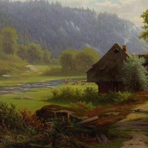 fig 2. Eliza Agnetus Emilius Nijhoff, Extensive Black Forest Landscape With Farm - Antique Oil Painting