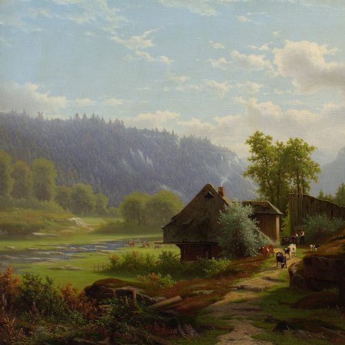 fig 3. Eliza Agnetus Emilius Nijhoff, Extensive Black Forest Landscape With Farm - Antique Oil Painting