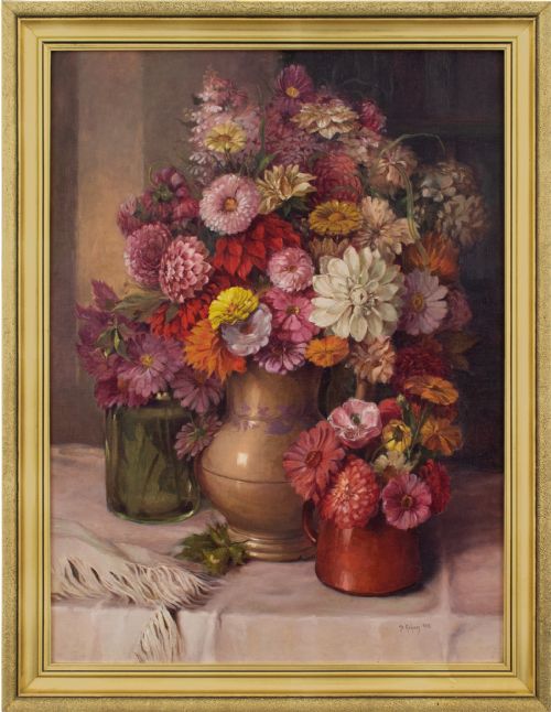 Hermine Rohacs, Still Life with Dahlias & Chrysanthemums - Vintage Oil Painting
