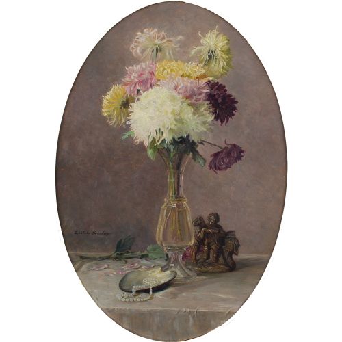 fig 1. Ella Wetzko-Ehrenberger, Still Life With Chrysanthemums - Vintage Oil Painting