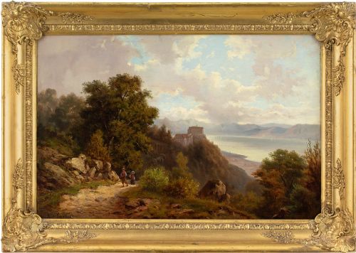 Alexandre Auguste Rose, River Landscape with Villagers & Hilltop Buildings - Antique Oil Painting