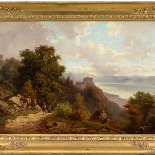 fig 1. Alexandre Auguste Rose, River Landscape With Villagers & Hilltop Buildings - Antique Oil Painting