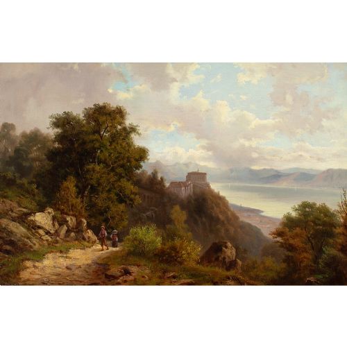 fig 2. Alexandre Auguste Rose, River Landscape With Villagers & Hilltop Buildings - Antique Oil Painting