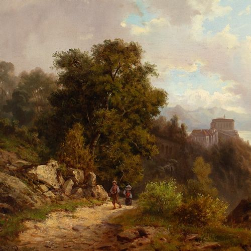 fig 3. Alexandre Auguste Rose, River Landscape With Villagers & Hilltop Buildings - Antique Oil Painting