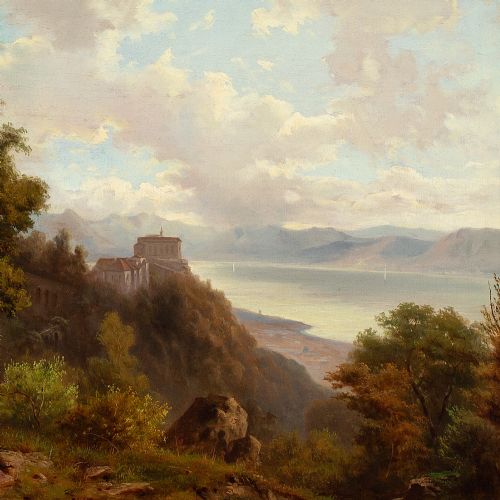 fig 4. Alexandre Auguste Rose, River Landscape With Villagers & Hilltop Buildings - Antique Oil Painting