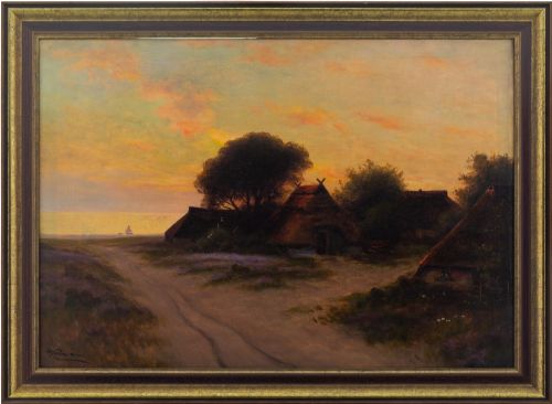 German School, Coastal Landscape with Beach & Sunset - Vintage Oil Painting