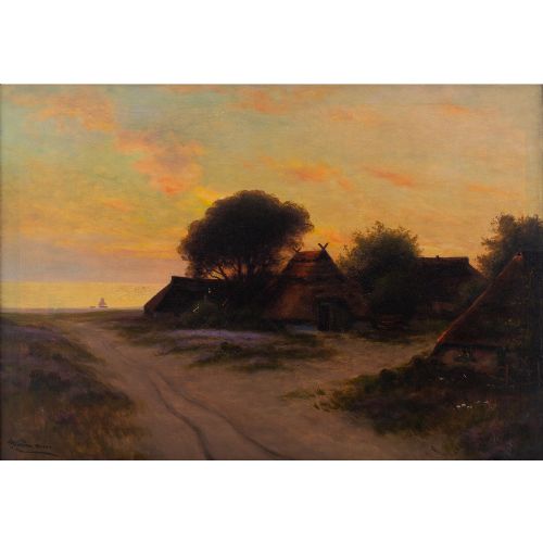 fig 1. German School, Coastal Landscape With Beach & Sunset - Vintage Oil Painting 