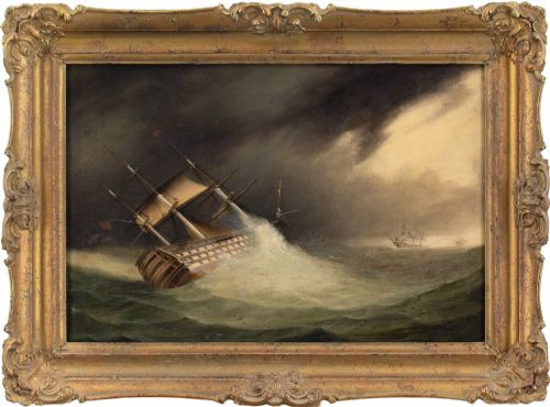 19th-century English School, Hms Hibernia in Choppy Waters Off Cape Finisterre - Antique Oil Painting