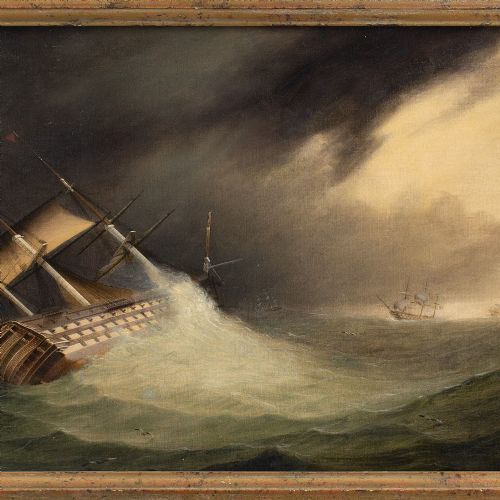 fig 1. 19th-Century English School, HMS Hibernia In Choppy Waters Off Cape Finisterre - Antique Oil Painting
