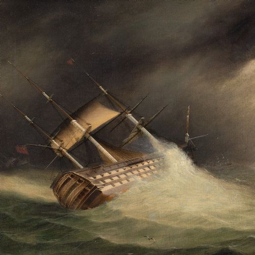 fig 2. 19th-Century English School, HMS Hibernia In Choppy Waters Off Cape Finisterre - Antique Oil Painting